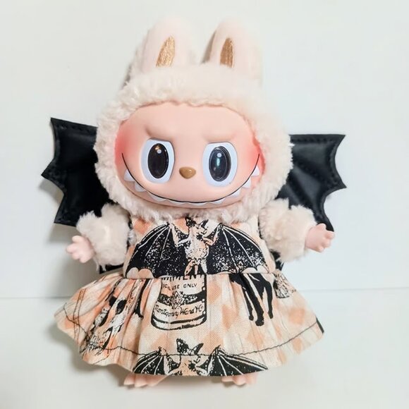 Custom Spooky Halloween Bat Dress and Faux Leather Bat Wings Made to fit Labubu - Picture 1 of 5